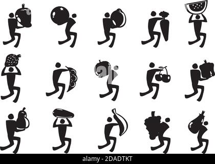 Vector illustration of icon man carrying different types of fruits and Vegetables. Stock Vector