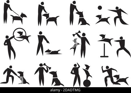 Black and white vector icon set on dog training Stock Vector