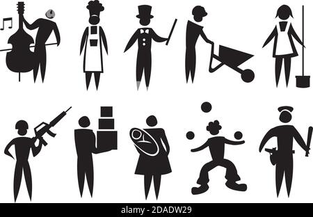 Vector illustration depicting different professions. Black and white icon man set. Stock Vector