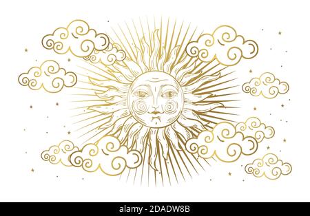 Magic banner for astrology, tarot, boho design. Universe, golden sun with face and clouds on white isolated background. Esoteric vector illustration, pattern Stock Vector