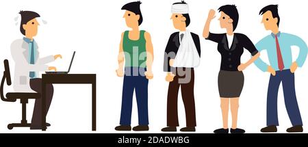 Waiting patients queueing for medical doctor. Healthcare lacking concept. Vector illustration. Stock Vector