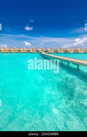 Tropical Maldives island with coconut palm tree, wooden bridge and water villa. Exotic travel landscape. Beautiful summer island paradise, peaceful Stock Photo