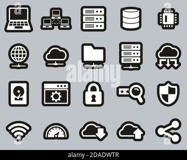 Server & Data Center Icons White On Black Sticker Set Big Stock Vector