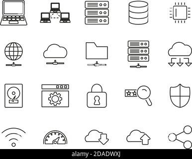 Server & Data Center Icons Black & White Thin Line Set Big Stock Vector