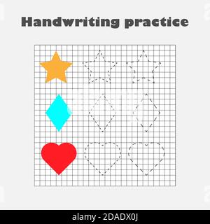 Handwriting practice sheet, kids preschool activity, educational children game, printable worksheet, writing training, geometric shapes star, heart Stock Vector