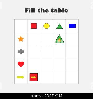 Fill the table with different colorful geometric shapes for children, fun education game for kids, preschool worksheet activity, task for the Stock Vector