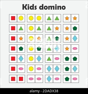 Domino game with pictures geometric shapes for children, fun education game for kids, preschool activity, task for the development of thinking, vector Stock Vector