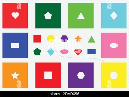 Seguin Form Board test, find objects, different colorful geometric shapes, fun education game for kids, visual task for the development of logical Stock Vector