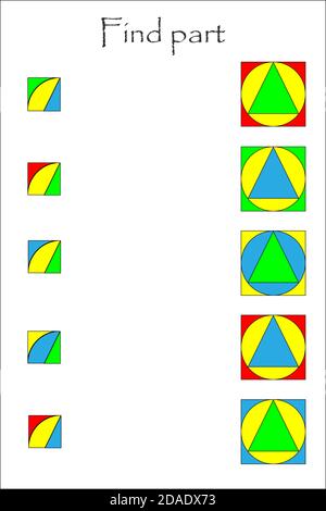 Find the part of different colorful geometric shapes for children, fun education game for kids, preschool worksheet activity, task for the development Stock Vector