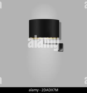 Wall lamp with black cylinder shaped lampshade, vector illustration. Modern interior night light with the light on Stock Vector