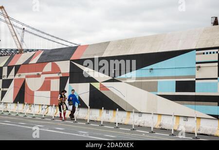 NEW YORK, USA - May 05, 2016: Brooklyn Street Scene. Industrial object decorated with graffiti on crossroads of Street and Kent Ave in Brooklyn. Two y Stock Photo