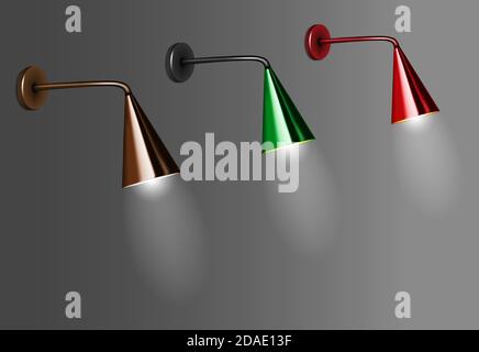Wall lamps with colored conical lampshades, vector illustration. Modern home interior night light with the light on Stock Vector