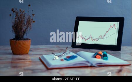 Screen of a tablet on a desk with a chart of currency pairs. On the desk there is an out of focus notebook Stock Photo