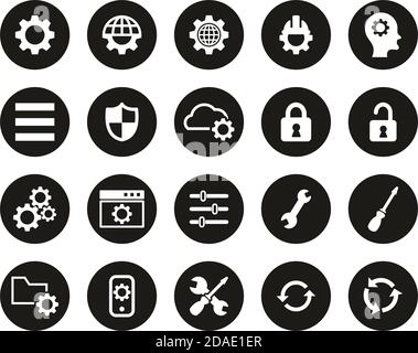 Settings Icons White On Black Flat Design Circle Set Big Stock Vector
