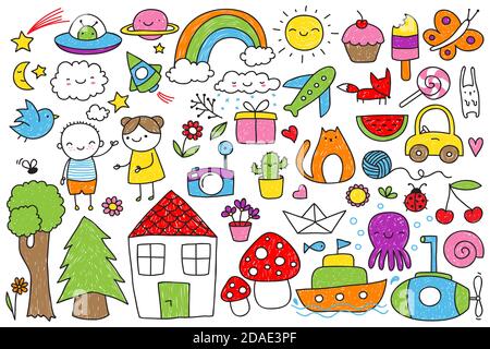 Collection of cute children's doodle of various animals, objects, kids and nature elements. Stock Photo