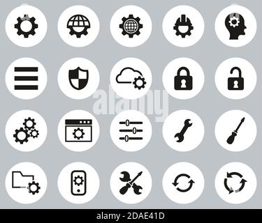 Settings Icons Black & White Flat Design Circle Set Big Stock Vector