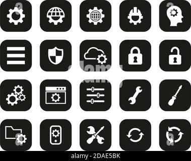Settings Icons White On Black Flat Design Set Big Stock Vector