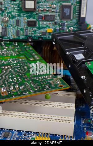 Electronic waste. Worn, outdated computer components. Stock Photo