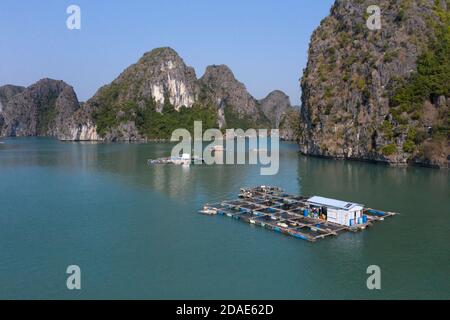 Aerial view of Floating fishing village in Lan Ha Bay, Vietnam. UNESCO World Heritage Site. Near Ha Long bay Stock Photo