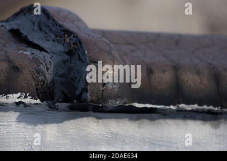 A closeup look at aged terra cotta tiles on a Bronx rooftop Stock Photo