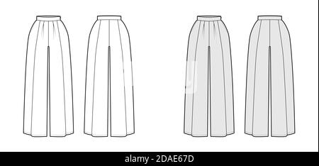 Pants skirt culotte gaucho technical fashion illustration with floor length, oversize silhouette, side zipper. Flat bottom template front, back, white grey color style. Women, men, unisex CAD mockup Stock Vector