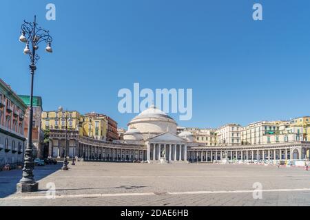 Naples, Italy, September 2020: View of piazza del plebiscito in Naples, the most famous square in the city with the church of San Francesco di Paola and its colonnade Stock Photo