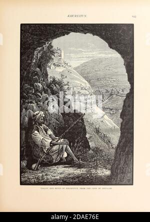 Man with rifle in the Cave of Adullam overlooking the Valley and Ruins of Khureitun [Wadi Khureitun named after Saint Chariton the Confessor, or Tekoa Valley] from the book Picturesque Palestine, Sinai, and Egypt By  Colonel Wilson, Charles William, Sir, 1836-1905. Published in New York by D. Appleton and Company in 1881  with engravings in steel and wood from original Drawings by Harry Fenn and J. D. Woodward Volume 1 Stock Photo