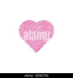 Valentine day hand drawn scribbled pink heart on white background, line art drawing icon, doodle art design, monochrome ink effect, vector Stock Vector