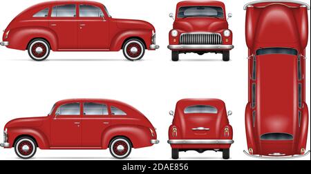 Vintage car vector mockup on white background. Isolated red auto view from side, front, back, top. All elements in the groups on separate layers Stock Vector