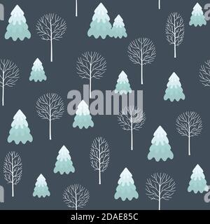 Winter seamless Christmas pattern for design packaging paper, postcard, textiles. The pattern with the image of fir-trees, trees, covered with snow Stock Vector