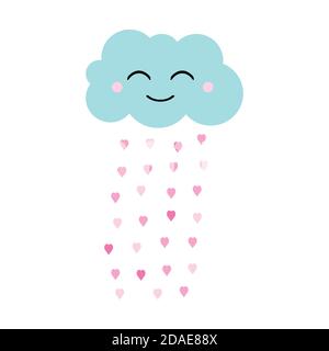 Cute blue cloud with rain of pink hearts, happy valentine's day, flat design for invitation card, vector illustration in cartoon style Stock Vector