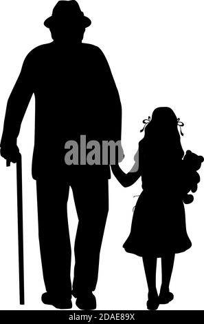 Silhouette of grandfather walking with granddaughter Stock Vector