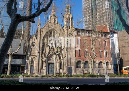 Barcelona, Spain - Feb 23, 2020: Street facade of Convent de Pompeia church Stock Photo