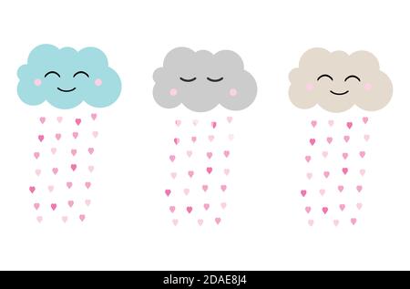 Set of cute blue, grey and beige clouds with rain of pink hearts, happy valentine's day, flat design for invitation card, vector illustration in Stock Vector
