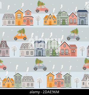 Seamless pattern with houses and cars in winter time. Vector illustration Stock Vector