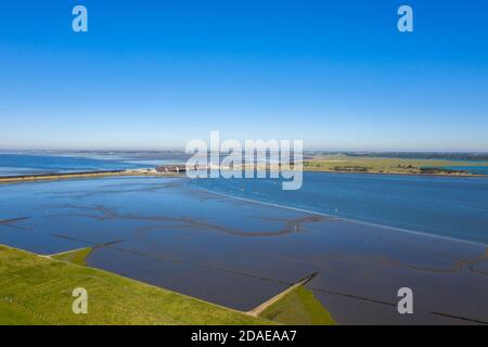 Drone view, mouth of the river Eider with Eider barrier called Eidersperrwek, Wesselburenerkoog, Schleswig-Holstein, Germany, Europe Stock Photo