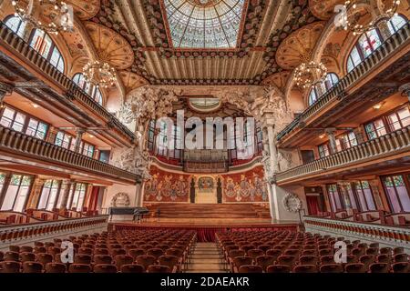 Barcelona, Spain - Feb 24, 2020: Sumptuous stage in Concert Hall in Catalonia Music Hall Stock Photo