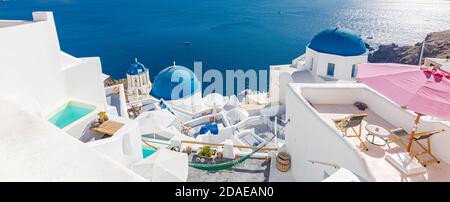 Fantastic evening view of Santorini island. Picturesque spring sunset on famous view resort Fira, Greece, Europe. Traveling concept background. Sunset Stock Photo