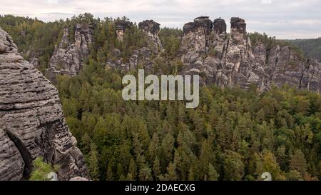 Germany, Saxony, Bastei, rock formations in the Elbe Sandstone Mountains, Saxon Switzerland National Park Stock Photo