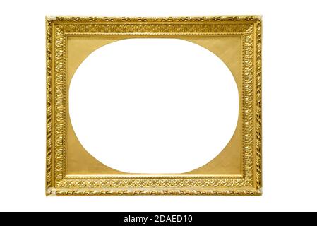 Rectangle decorative golden picture frame with oval interior isolated on white background with clipping path Stock Photo