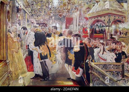 CORONATION OF NICHOLAS II (1868-1918)  on 14 May 1896 in the Dormition Cathedral in the Kremlin. Alexandra Feodorovna waits her turn at the bottom of the steps. Painted by Valentin Alexandrovich Serov. Stock Photo