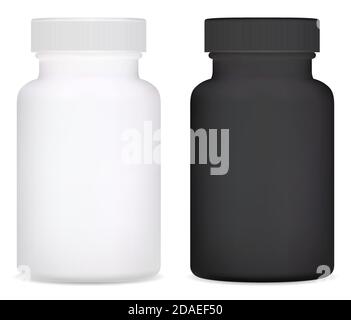 Supplement bottle. Plastic vitamin pill bottle vector isolated in white background. medical jar black mockup for tablet or capsule. Pharmaceutical con Stock Vector