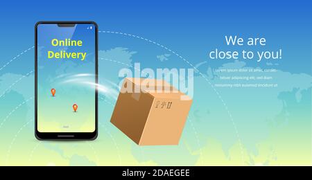 Online delivery service concept. Realistic phone, plane and package box. Suitable for landing page, delivery website, banner, background, application Stock Vector