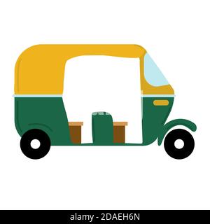 Flat style hand drawn rickshaw. Yellow and green. Symbol of India. Vector illustration isolated on white background. Stock Vector