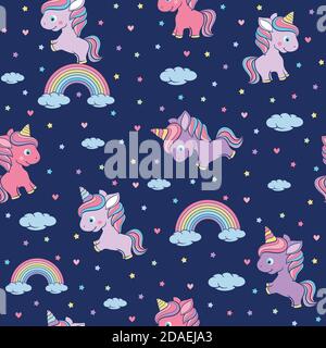 Seamless pattern with cute little unicorn. clouds, unicorn, rainbow and stars. Amazing illustration for kids. Night theme for wallpaper, print Stock Vector