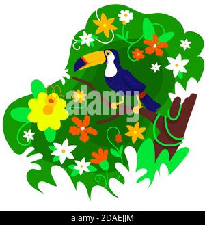 Toucan in foliage 2D vector web banner, poster Stock Vector