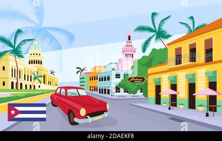Cuban old street flat color vector illustration Stock Vector
