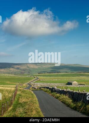 UK landscape: Vertical image of stunning views of the country lane across Malham Moor with old stone barn, Yorkshire Dales National Park in beautiful Stock Photo