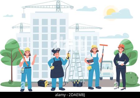 Construction site female workers flat color vector illustration Stock Vector