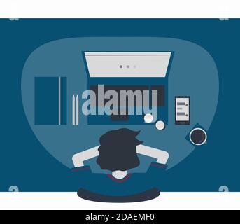 Exhausted person fell asleep at the table while waiting for the laptop to boot. Plan your day and Work at home concepts. Top view. Vector illustration Stock Vector